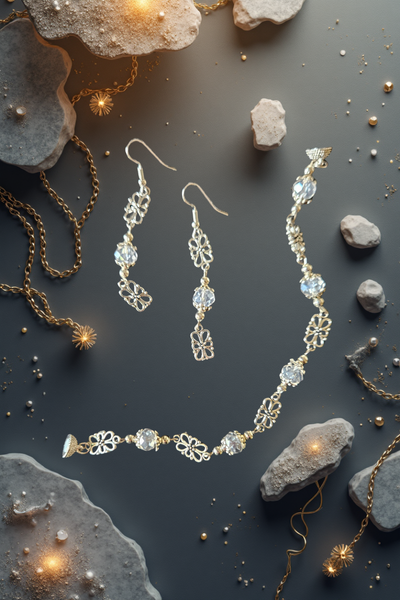 Bracelet & Earring Set Clear Beads and Silver Chain