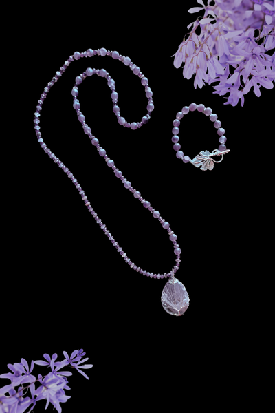 Amethyst Silver Finish Wire-Wrapped Tree of Life Teardrop Pendant and Bracelet