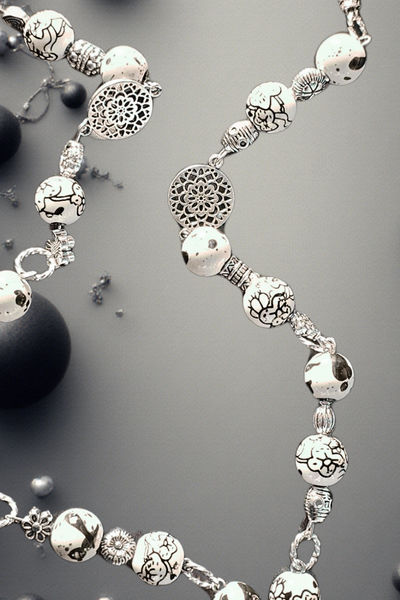 Black and White Whimsical Beads with Silver Filagree and Decoupaged Pendant