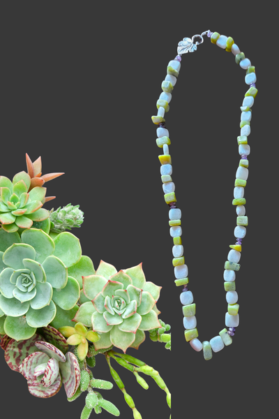 Green Chip Beads with White Flat and Purple Rondelle Beads