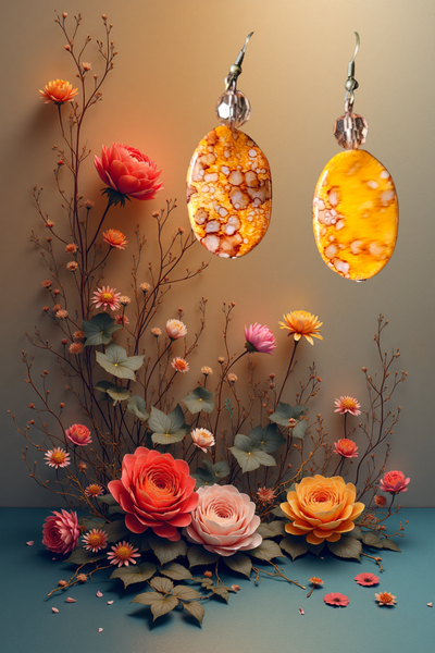 Drop Earrings with a Simple Marbled Orange Bead with Amber Glass Bead