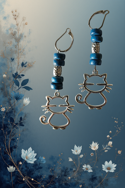 Drop Earrings with Silver and Blue Beads and Cats