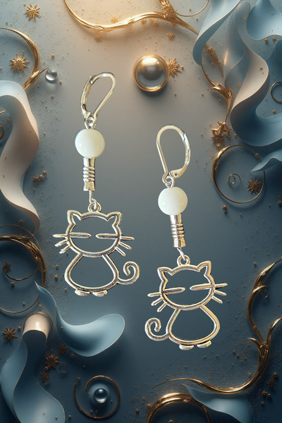 Whimsical Silver Earrings with Cats and Beads