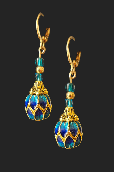 Blue Drop Earrings with Cloisonné Blue & Sea Green w/ Gold Finish Flower Barrel Bead