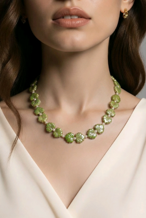 Choker Necklace with Green Ceramic Leaves