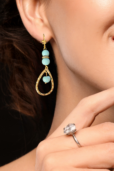 Gold Teardrop Drop Earrings with Aqua-blue Gemstone