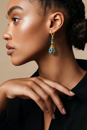 Drop Earrings with Cloisonné Blue & Sea Green w/ Gold Finish Flower Barrel Bead