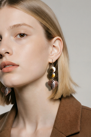 Drop Earrings with Marble Gemstones, Wood & Copper Elements