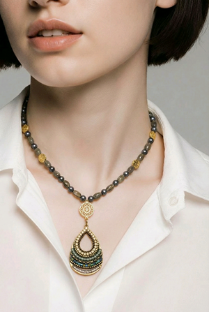 Gray beads and Blue Pearls Pendant