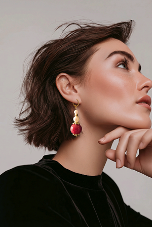 Pearls and Cranberry Drop Earrings