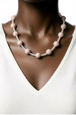 Pink Beaded Necklace with Tiny Pearls