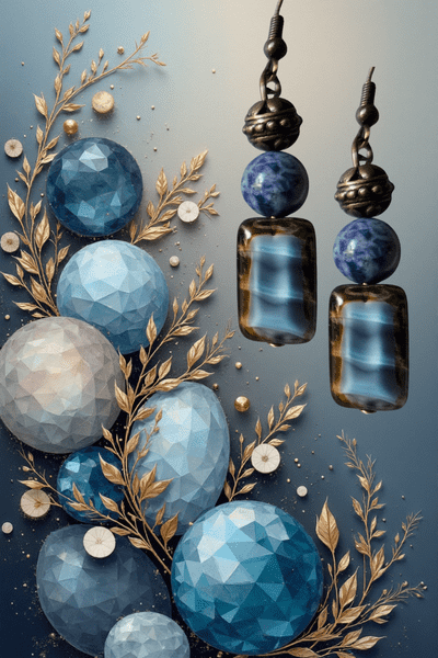 Blue Ceramic Stone with Brown Edge, Blue Gemstone, Brass Bead