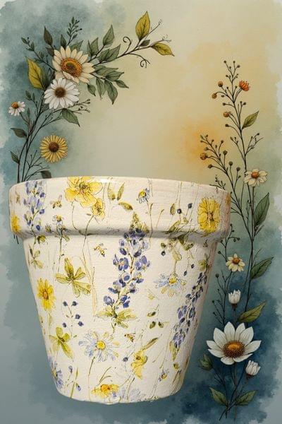 Decoupaged Clay Pot with Floral Design