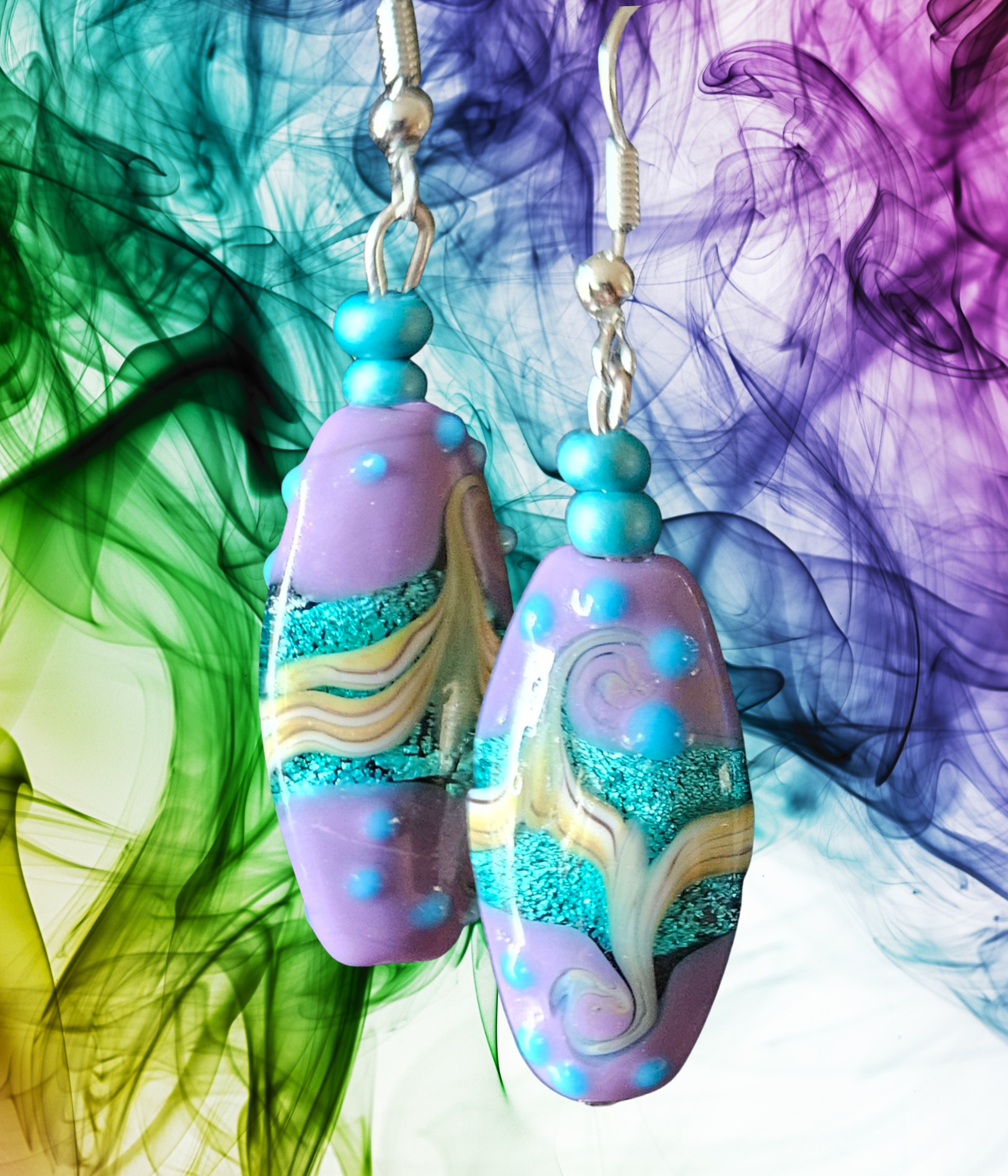 Turquoise Drop Earrings with Purple Lampworked Beads - Image 2