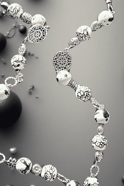 Black and White Whimsical Beads with Silver Filagree and Decoupaged Pendant