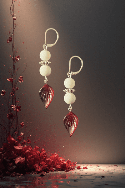 White Gem Stones with Red Glass Leaf with Silver Separator Beads