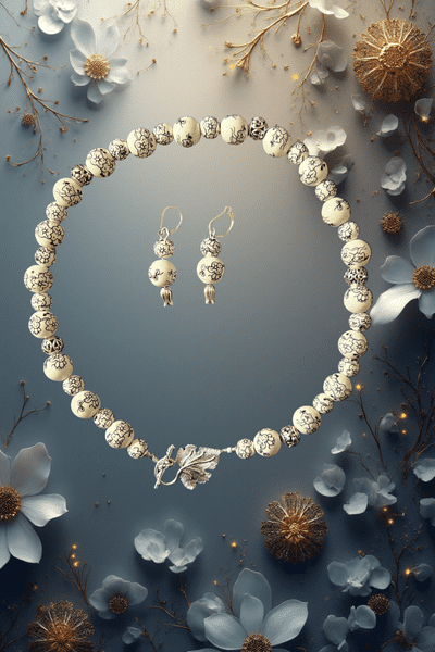 Black and White Ceramic Beads with Silver Leaf Clasp