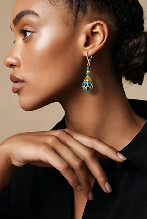 Drop Earrings with Cloisonné Blue & Sea Green w/ Gold Finish Flower Barrel Bead