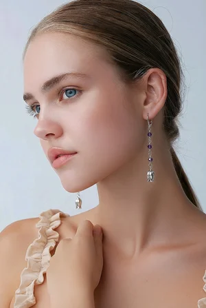 Amethyst Drop Earrings w/ Silver Tulip & Rondelle Beads